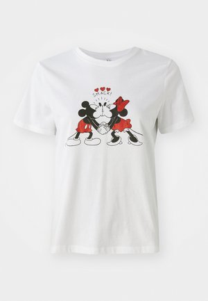 White cotton t-shirt featuring a graphic of Mickey and Minnie Mouse with red accents. Text above reads "SMACK!" in a playful font.