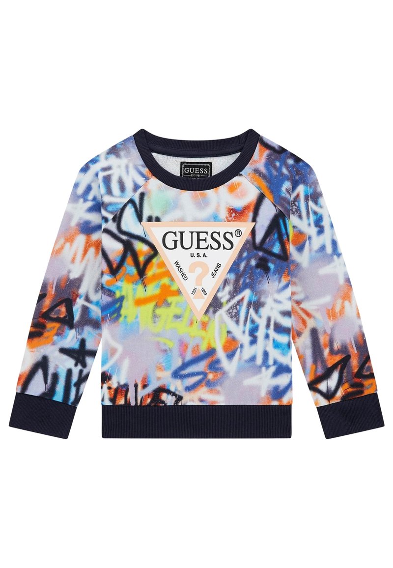 Felpa crewneck colorata con stampa graffiti in blu, arancione e giallo, con un logo triangolare centrale in beige e accenti neri.