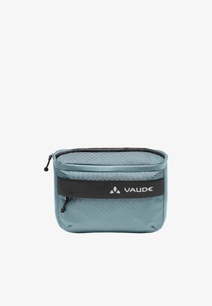 Piccola borsa azzurra compatta con cerniera, tessuto testurizzato, tasca frontale nera e logo "VAUDE" bianco sul pannello frontale.