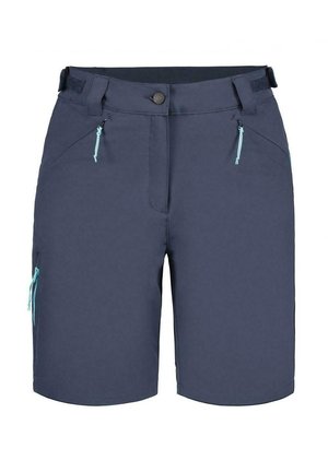 Marineblå udendørs shorts med lynlåslommer foran og på siden, knaplukning, bæltestropper og justerbare stropper i siden.