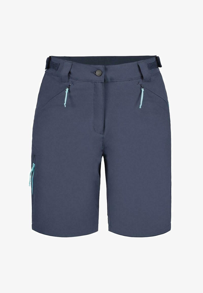 Shorts d'extérieur bleu marine avec poches zippées à l'avant et sur les côtés, fermeture par bouton, passants pour ceinture et sangles latérales ajustables.