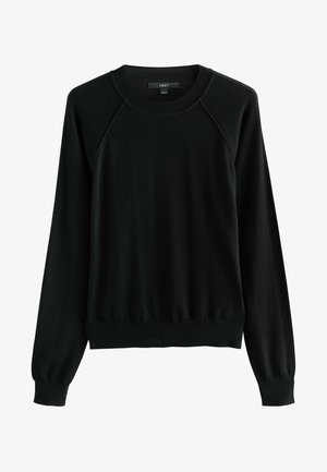 Svart sweatshirt med långa raglanärmar, rundad hals och ribbad ärm- och nederkant. Tillverkad av mjukt tyg med en slät yta.