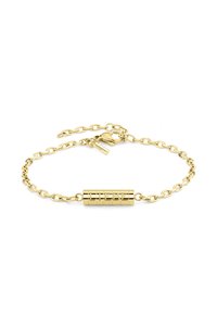 Bracelet en chaîne dorée avec un charm cylindrique gravé de "LIEBE", associant des maillons ronds et un fermoir à mousqueton.