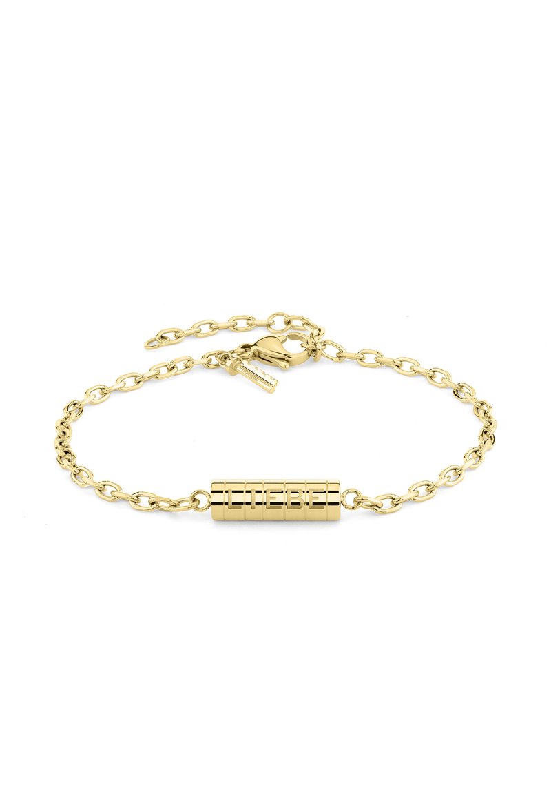 Bracelet en chaîne dorée avec un charm cylindrique gravé de "LIEBE", associant des maillons ronds et un fermoir à mousqueton.