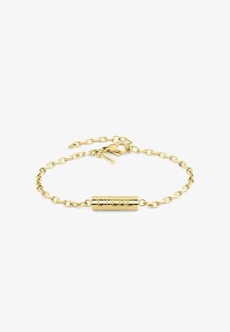 Bracelet en chaîne dorée avec un charm cylindrique gravé de "LIEBE", associant des maillons ronds et un fermoir à mousqueton.