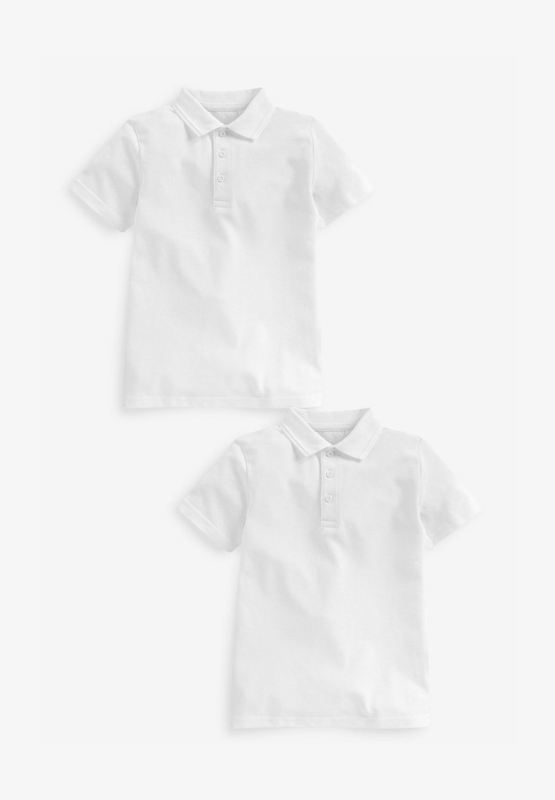 Due magliette polo bianche in cotone, con maniche corte, una chiusura a bottoni con tre bottoni e un design del colletto classico.