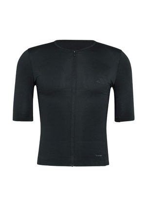 Maglietta sportiva nera a maniche corte con cerniera frontale, realizzata in tessuto strutturato, con un logo discreto sul lato del petto.