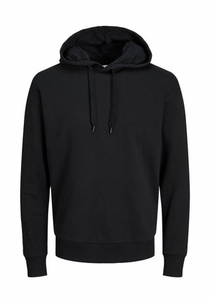 Black hooded sweatshirt made of cotton, featuring a front pocket, drawstring hood, and ribbed cuffs and hem for a snug fit.