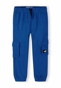 Pantalon cargo bleu style jogging avec taille élastique, cordon de serrage noir, poches latérales et poignets élastiques.