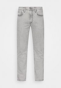 Harmaat suoralahkeiset farkut. Niissä on viisi taskua, vyölenkit ja kangas on kevyesti huurrettu kuvio.