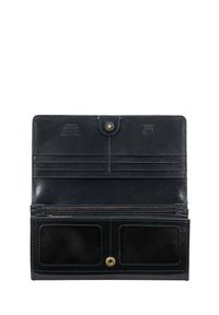 Portafoglio in pelle nera con chiusura a scatto, multiple fessure per carte, due tasche trasparenti per documenti e dettagli di cucitura a contrasto.