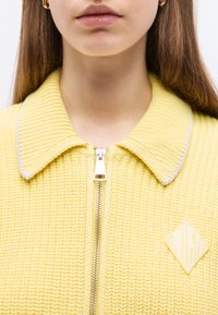 Κοντινό πλάνο ενός ατόμου που φοράει κίτρινο πλεκτό μπουφάν με ασημένιο φερμουάρ και γιακά, εμφανίζοντας τα χείλη, το πηγούνι και μακριά καστανά μαλλιά.