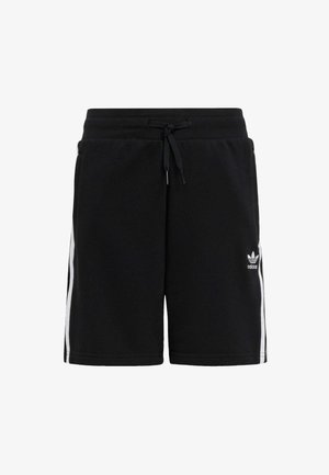 Czarne szorty bawełniane z elastycznym paskiem w talii, sznurkiem do ściągania, białymi paskami po bokach i małym białym logo Adidas na biodrze.