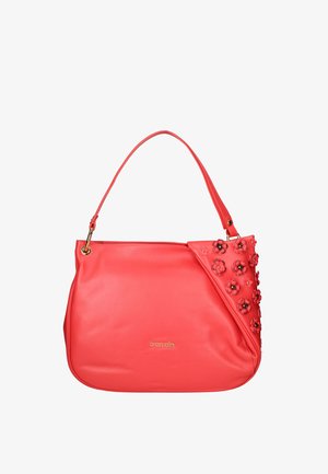 Rode leren handtas met enkele riem, versierd met kleine 3D bloemenapplicaties op één hoek en een gouden merklogo aan de voorkant.