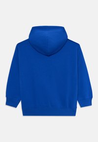 Felpa blu a maniche lunghe con polsini e orlo a costine, mostrata da dietro su uno sfondo bianco.
