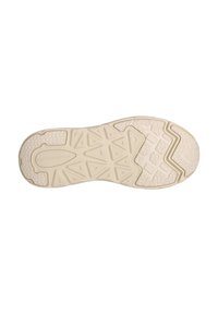 Sohle eines Schuhs, mit einer strukturierten Gummischicht in hellem Beige und einem geometrischen Muster, konzipiert für Rutschfestigkeit und Strapazierfähigkeit.