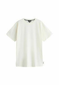 Korte mouwen, ronde hals t-shirt in zacht witte stof. Beschikt over een eenvoudig ontwerp met een label aan de onderkant van de linker zoom. Glad textuur.