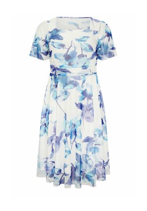 Valkoinen polvipituinen mekko, jossa on sinisiä ja purppuranvärisiä kukkakuoseja, lyhyet hihat, neliskulmainen pääntie ja vartalonmyötäinen vyötärö levenevällä helmaosalla.