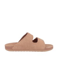 Beiga mockasklipp-sandaler med två överlappande remmar, öppen tå-design och en platt gummisula. Enkel och funktionell form.