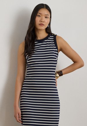 Vestido sin mangas a rayas azul marino y crema con silueta ajustada, con botones en los hombros y una textura suave de algodón.