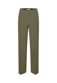 Olive green trousers with a straight-leg cut; made from smooth fabric. Features a simple waistband and no visible pockets or detailing.