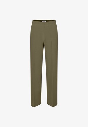 Oliwkowe spodnie o prostym kroju nogawki; wykonane z gładkiego materiału. Posiadają prosty pas i brak widocznych kieszeni lub detali.