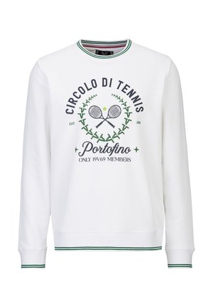 Weißes Sweatshirt mit langen Ärmeln, grün gestreiftem Kragen und Bündchen, mit Tennisschlägern und dem Text "Circolo di Tennis Portofino Only 19V69 Members."