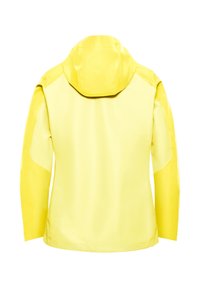 Gelbe wasserdichte Jacke mit Kapuze, die eine glatte, glänzende Textur und kontrastierende Schulterplatten aufweist. Rückansicht zeigt ein schlichtes Design.