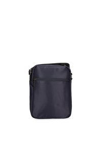 Borsa a tracolla blu navy realizzata in materiale resistente; presenta una tasca con zip frontale, tracolla regolabile e texture liscia.