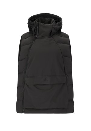 Gilet matelassé noir avec un col haut et une capuche amovible, doté d'une fermeture éclair à l'avant et d'une grande poche à l'avant. Texture extérieure lisse.