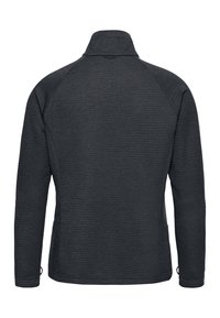 Dunkelgraue, langärmelige Pulloverjacke mit hohem Kragen. Verfügt über ein strukturiertes Gewebe, Raglanärmel und seitliche Taschen. Schlichtes Design.