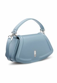 Lichtblauw leren handtas met een gestructureerde vorm, bovenhandvat en afneembare schouderriem. Voorzien van zilverkleurige hardware en gestikte details.
