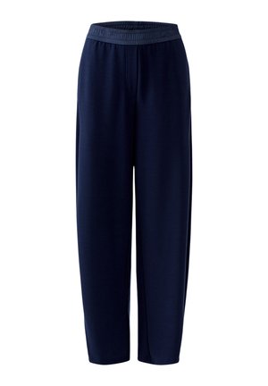 Pantalon large bleu marine avec taille élastique et ourlet droit, présenté sur un fond blanc uni.