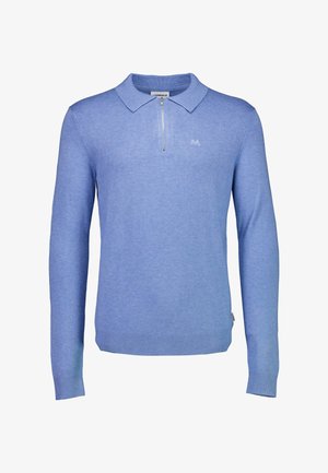 Maglione polo blu chiaro con maniche lunghe, chiusura con zip, polsini e orlo a costine, con un piccolo logo sul petto. Texture a maglia liscia.