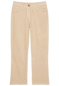 Beige corduroy broek met een recht model, vijf zakken en een sluiting met een knoop aan de voorkant. Zachte textuur met subtiele ribbel details.