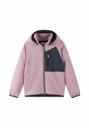 Pinkes Softshell-Jacke mit einer dunkelgrauen Fronttasche und Akzenten. Verfügt über eine Kapuze, Reißverschluss und elastische Bündchen für eine enge Passform.