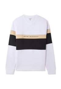 Felpa bianca con strisce orizzontali in nero e beige, contrassegnata dalla scritta "NEW YORK - THE FIVE BOROUGHS" in nero sul fronte.