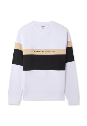Felpa bianca con strisce orizzontali in nero e beige, contrassegnata dalla scritta "NEW YORK - THE FIVE BOROUGHS" in nero sul fronte.