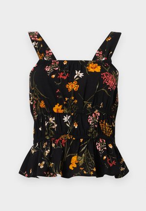 Črna peplum bluza s cvetličnim vzorcem in nastavljivimi naramnicami; vsebuje barvite cvetlične vzorce v rožnati in rumeni barvi, guban pas in volanasti rob.