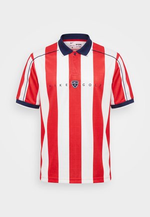 Lyhythihainen poolopaita, jossa pystysuorat punaiset ja valkoiset raidat, tummansininen kaulus ja hihansuut, rinnassa "Nike Golf" -teksti ja logo.