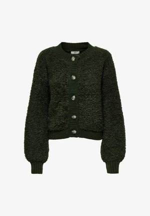 Green, cozy cardigan made of textured fabric; features full-length sleeves, a round neckline, and six large buttons down the front.