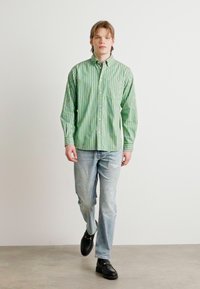 Πράσινο ριγέ πουκάμισο με κουμπιά από βαμβάκι, συνδυασμένο με ανοιχτό μπλε τζιν σε στιλ φθοράς και μαύρες δερμάτινες λαστιχένιες παντόφλες. Απλός σχεδιασμός, casual στυλ.