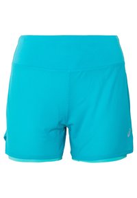 Turquoise athletic shorts made of mesh material. Features a wide waistband, contrasting inner lining, and minimal logo detail on the side.