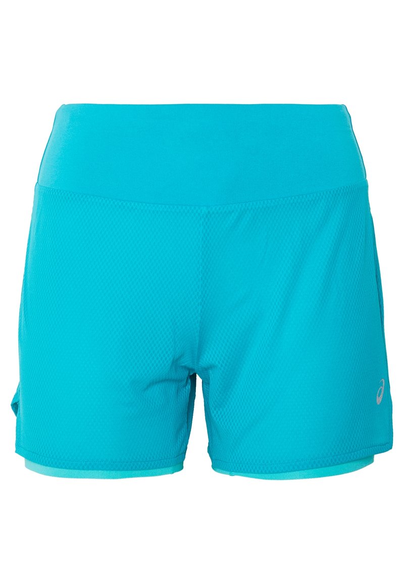 Turquoise athletic shorts made of mesh material. Features a wide waistband, contrasting inner lining, and minimal logo detail on the side.