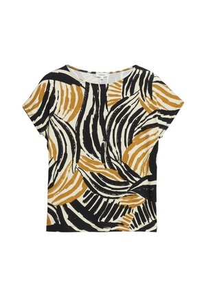 Bluzka z krótkim rękawem z abstrakcyjnymi, falistymi paskami w kolorach czarnym, białym i musztardowożółtym na jasnym tle.