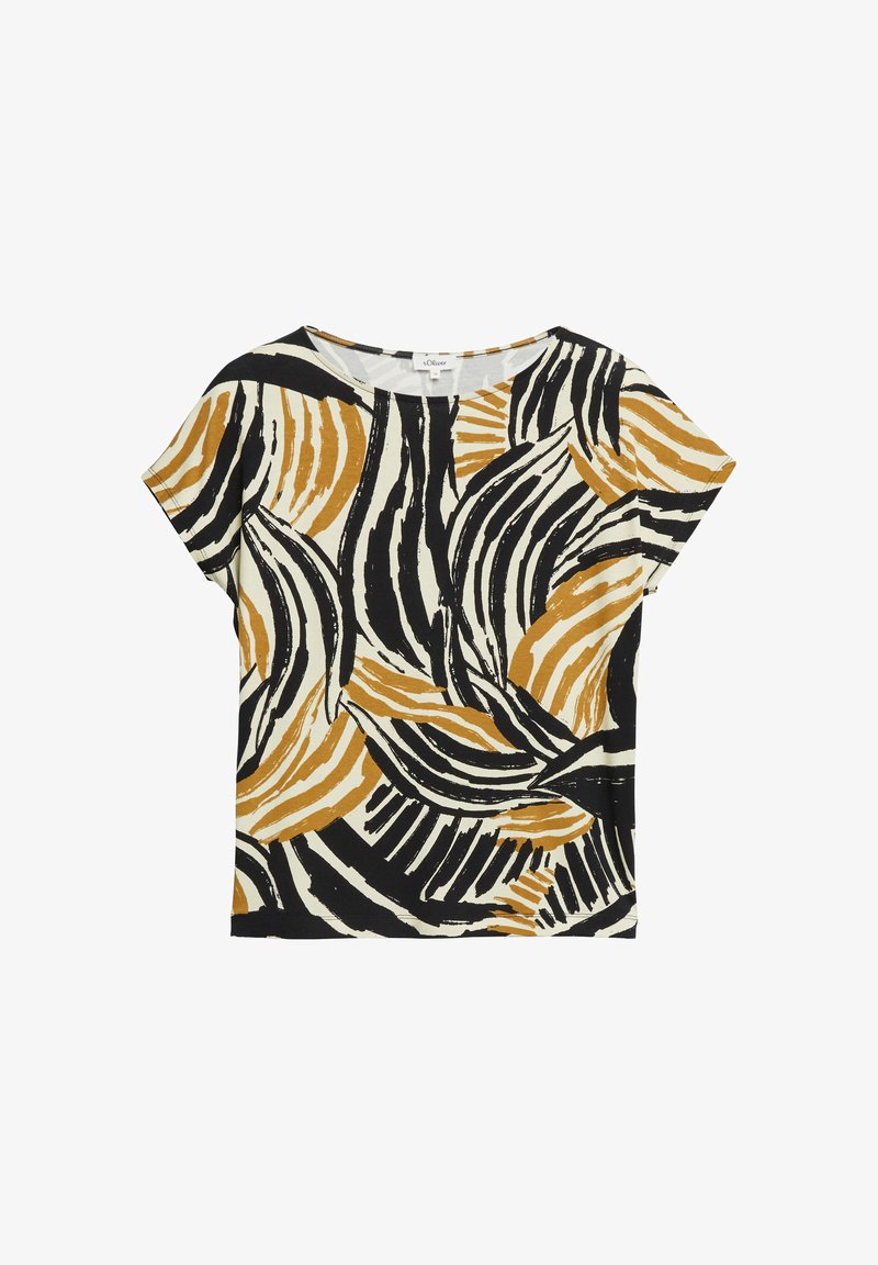 Blouse à manches courtes avec motifs abstraits de rayures ondulées noire, blanche et jaune moutarde sur fond clair.