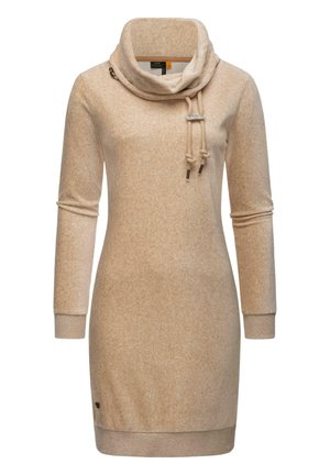 Robe-pull beige à manches longues avec un grand col châle plié et un détail cordon de serrage, poignets et ourlet côtelés.