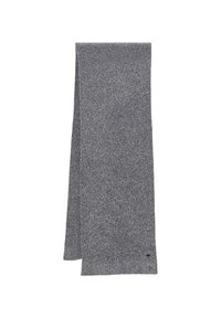 Écharpe grise tricotée avec une texture douce, présentant une forme rectangulaire et un motif subtil et régulier. Comprend une petite étiquette en tissu sur le bord.