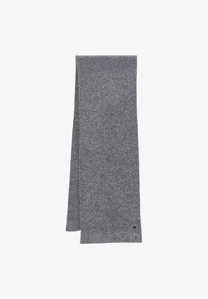 Grijze gebreide sjaal met een zachte textuur, met een rechthoekige vorm en een subtiel, gelijkmatig patroon. Bevat een klein stoffen label aan de rand.