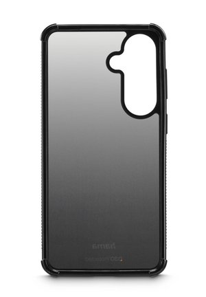 Schwarze transparente Handyhülle mit verstärkten Ecken und Aussparung für die dreifache Rückkamera und den Blitz.